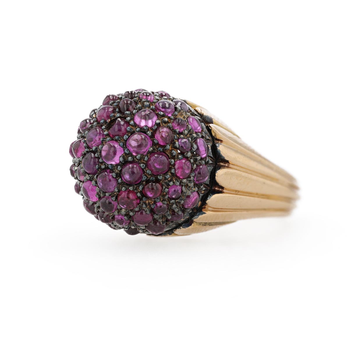 Bague boule pavage rubis cabochon rhodié noir