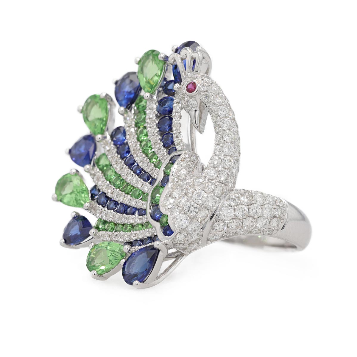 Bague paon pavage diamants, saphirs, tsavorite et rubis