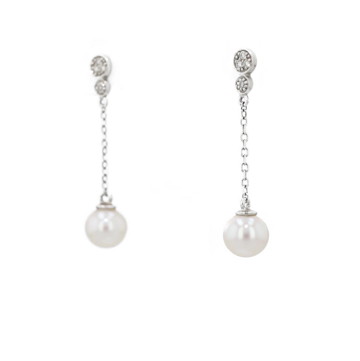 Boucles d'oreilles pendantes perles sur chaîne et diamants