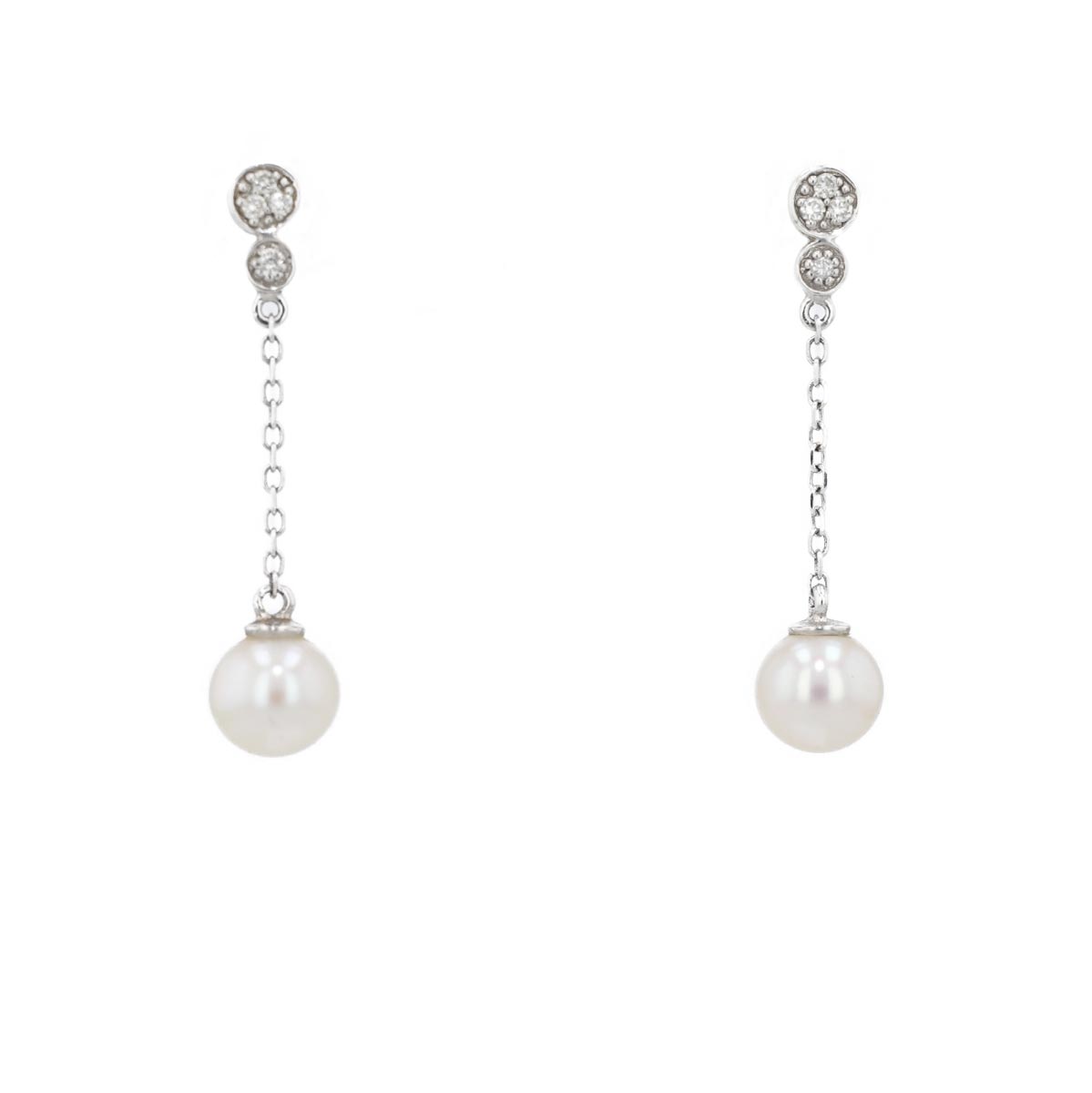 Boucles d'oreilles pendantes perles sur chaîne et diamants