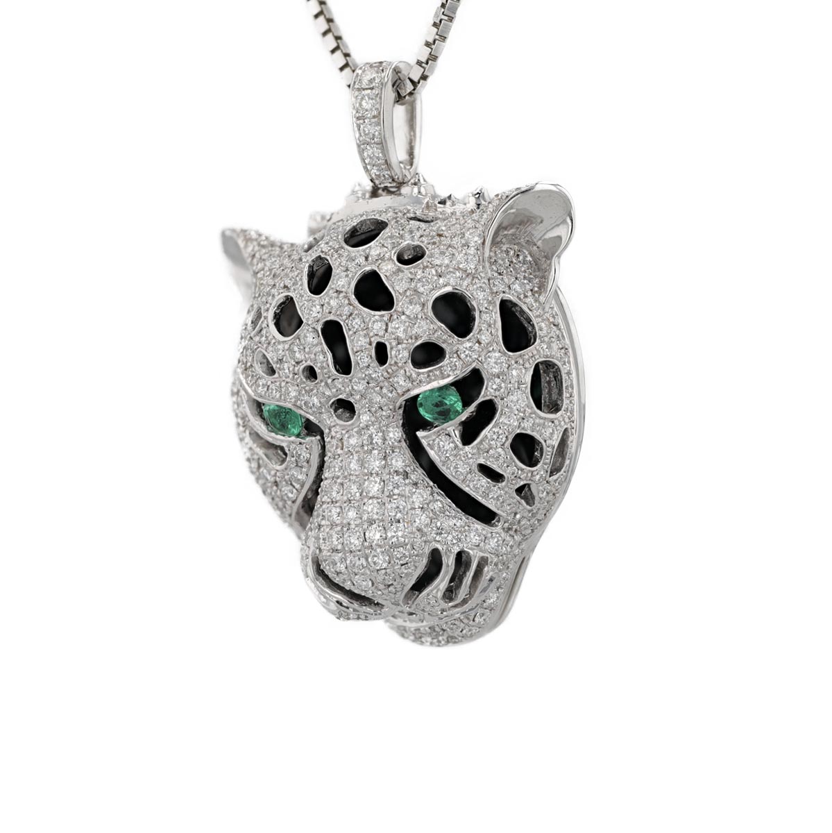 Pendentif guépard onyx, pavage diamants et yeux en tsavorites