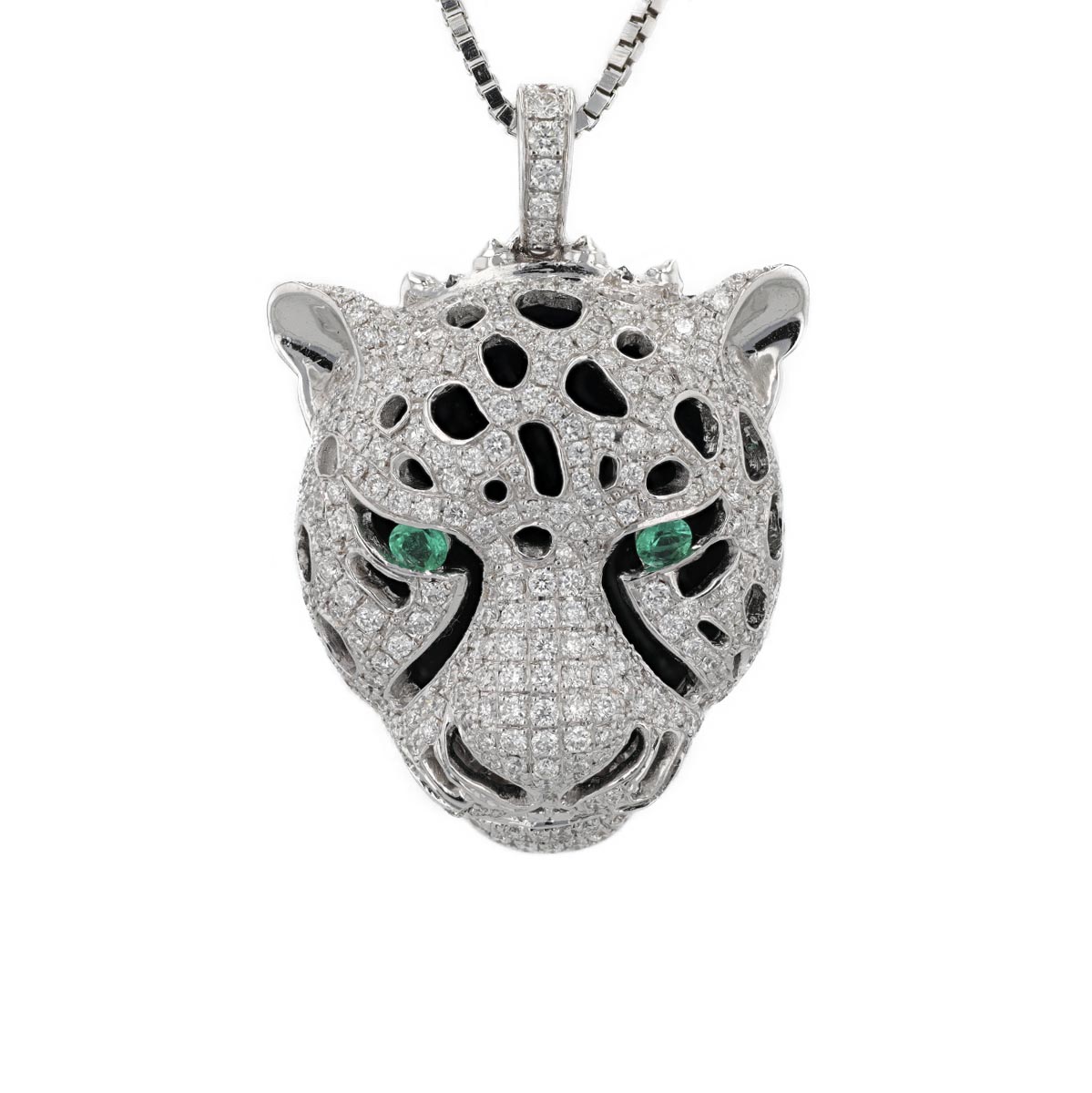 Pendentif guépard onyx, pavage diamants et yeux en tsavorites