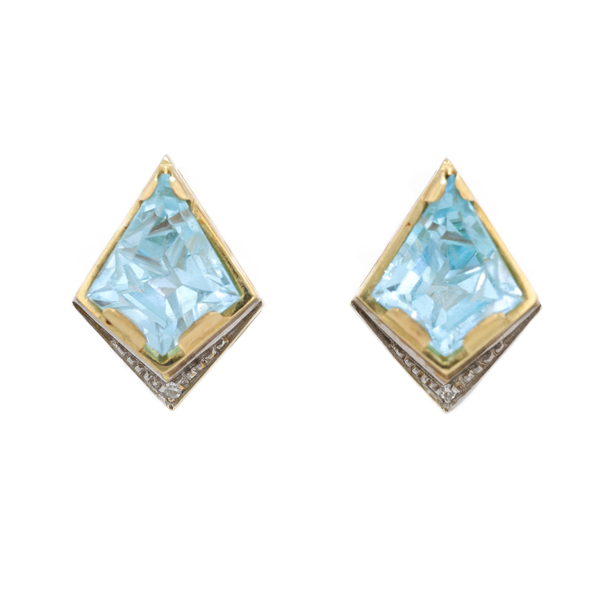 Boucles d'oreilles clous topazes bleues en losange et diamants