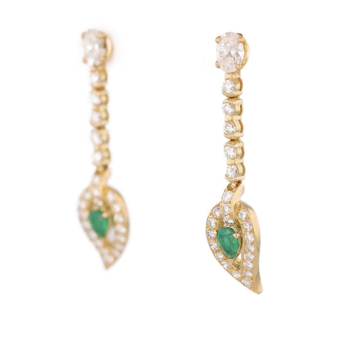 Boucles d'oreilles pendantes gouttes, ligne diamants et émeraudes