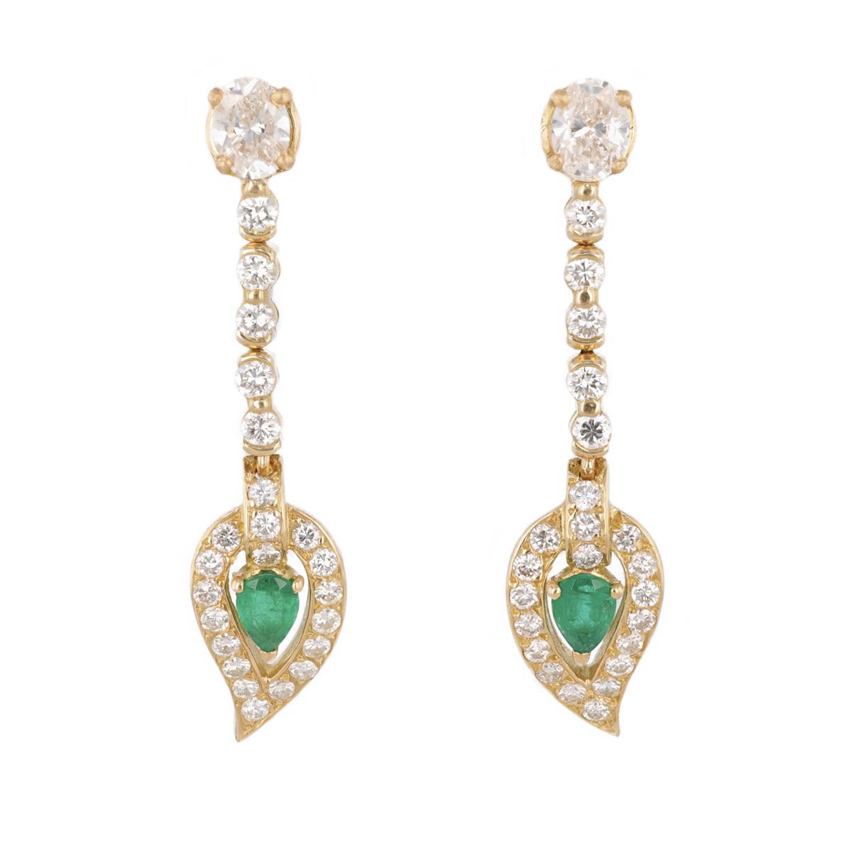 Boucles d'oreilles pendantes gouttes, ligne diamants et émeraudes