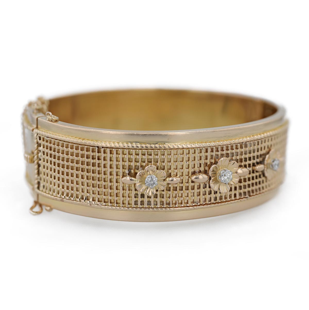 Bracelet manchette rigide strié 3 motifs fleurs et diamants