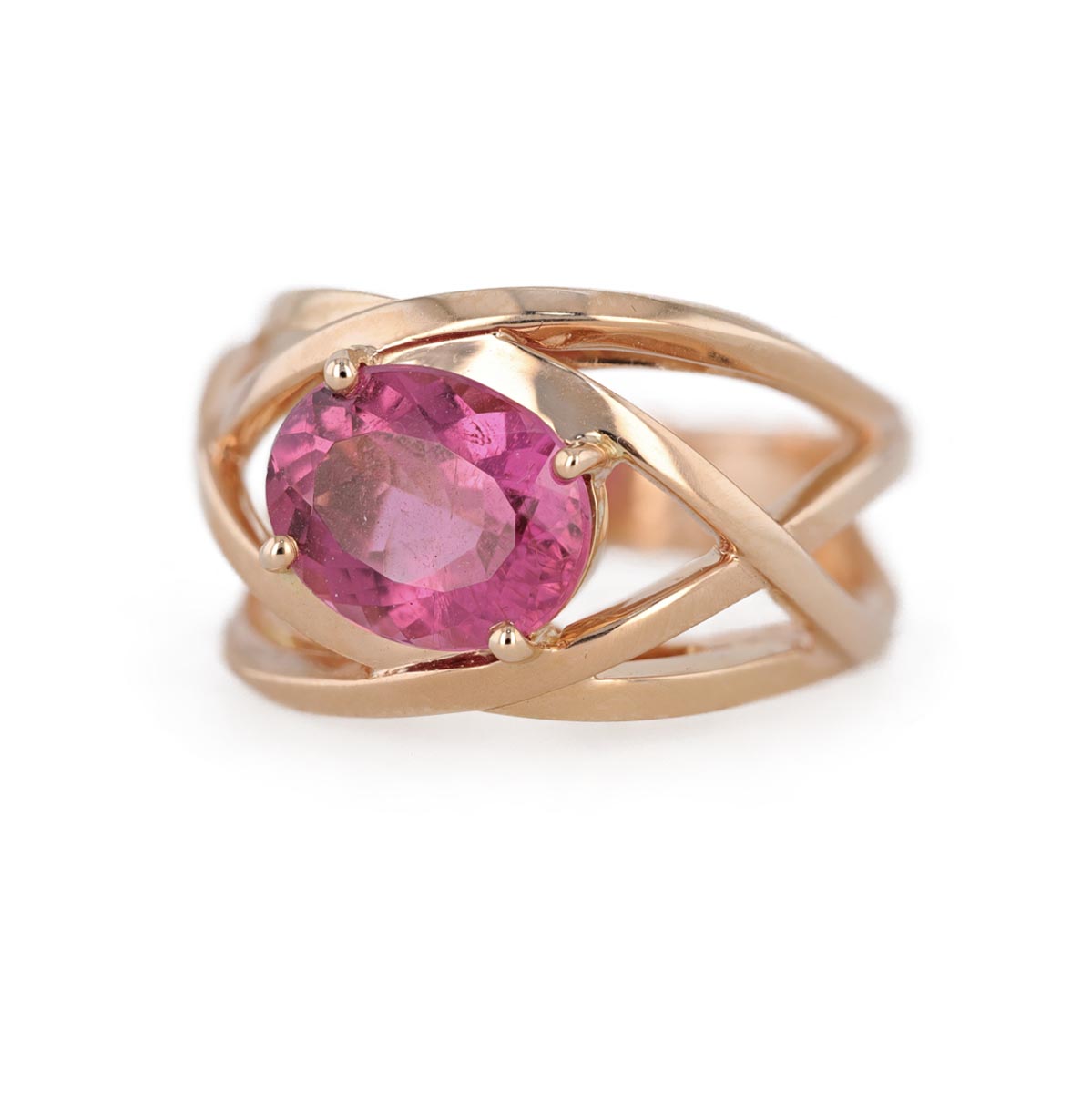 Bague large fils entrelacés tourmaline rose ovale