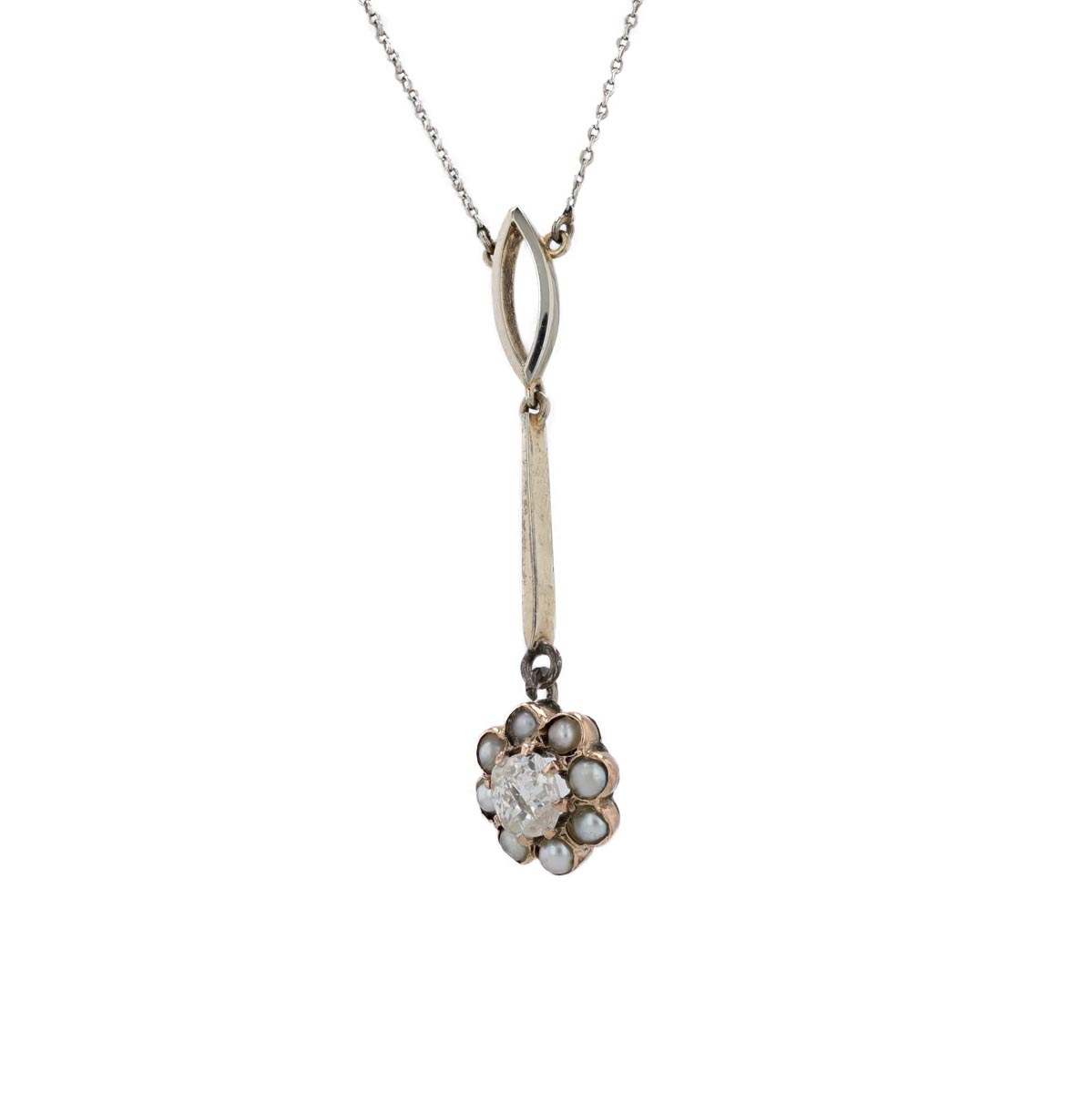 Tour de cou pendentif diamant taille ancienne entourage perle
