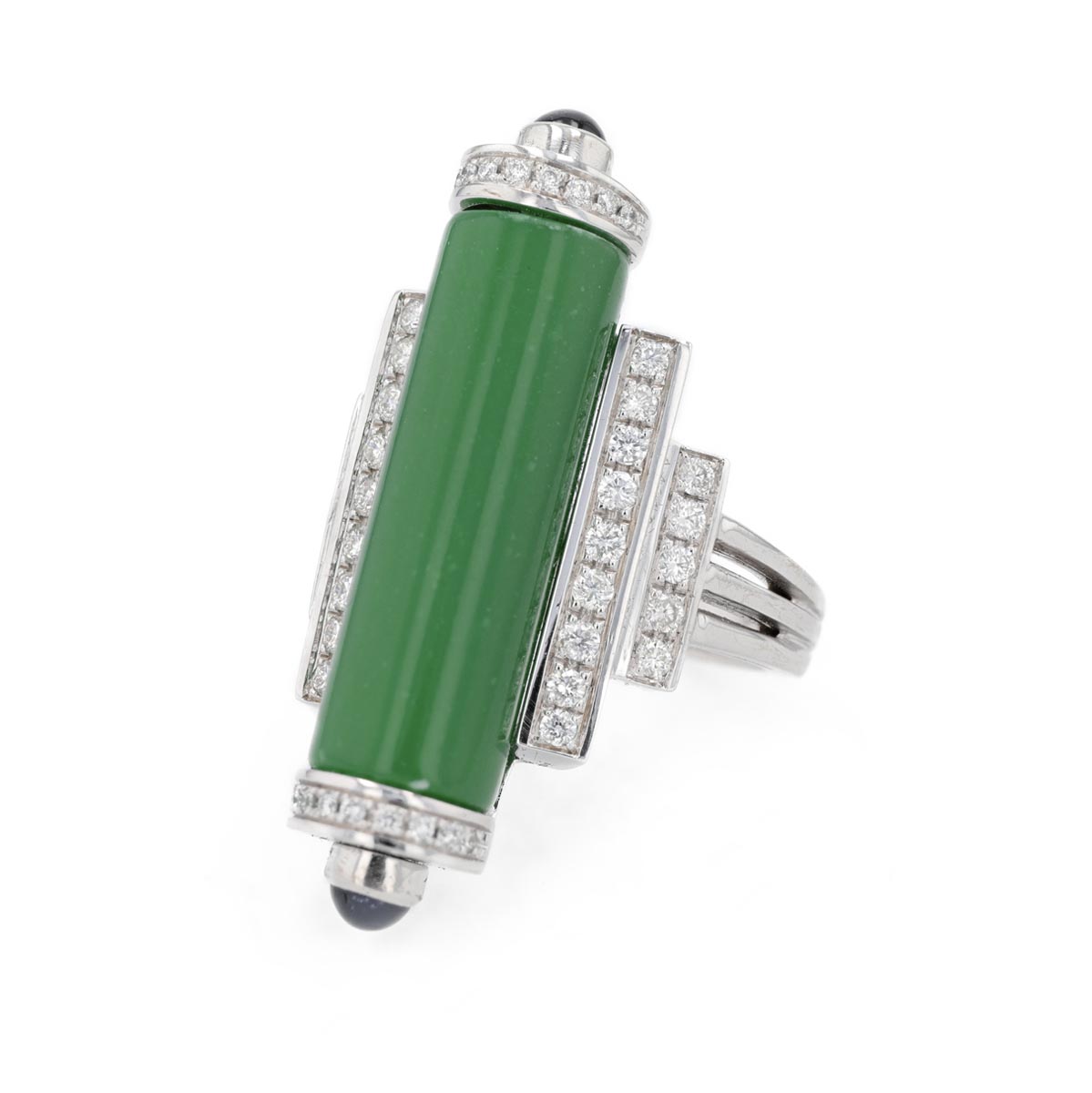 Bague rouleau façon Art déco jade, pavage diamants et saphirs cabochon