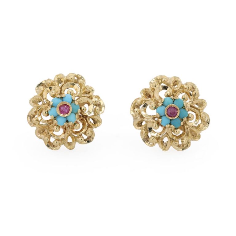 Boucles D'oreilles Clous Doré Art Déco - Strass, Turquoise, Perle Jade Vert - Neuf Sans Boîte
