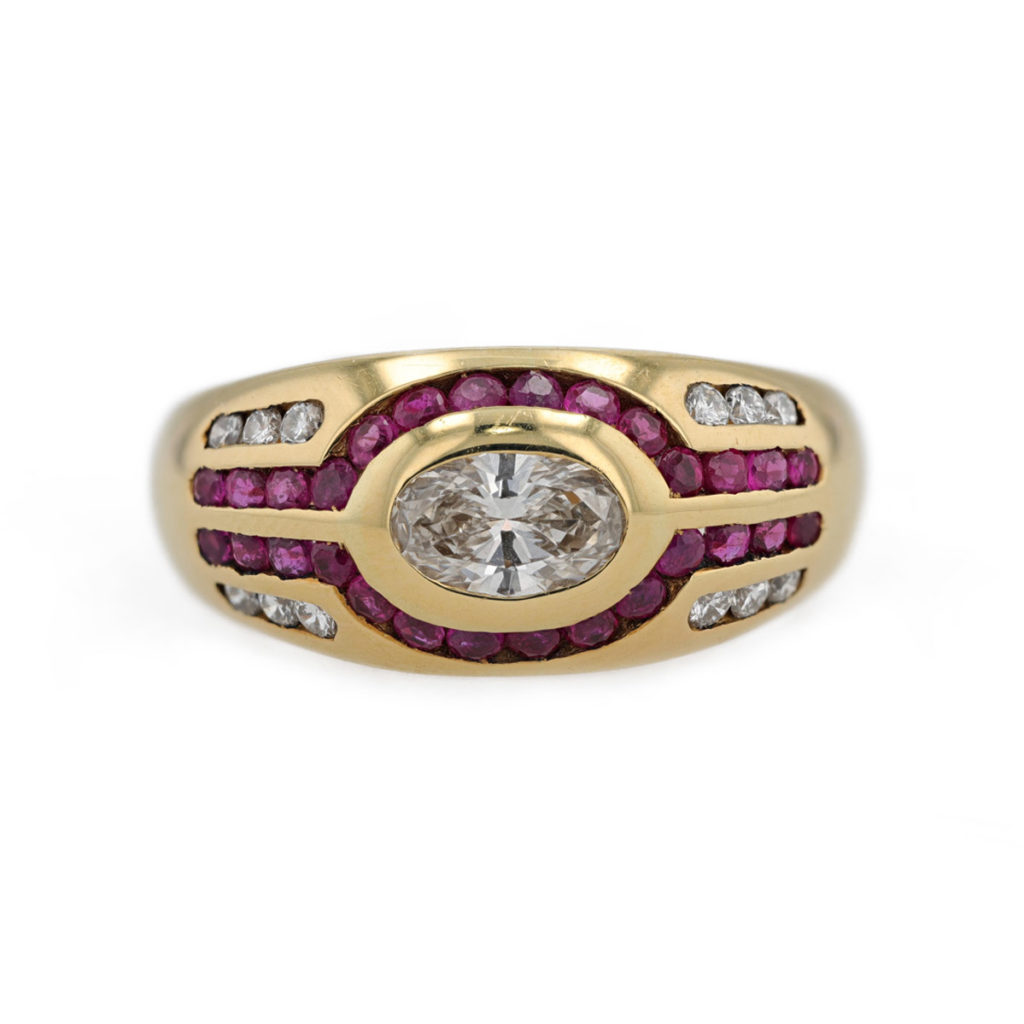 Bague Jonc Art Déco En Or 18k - Émaux Vert Et Bleu Géométriques - Taille 51 - Style Dôme