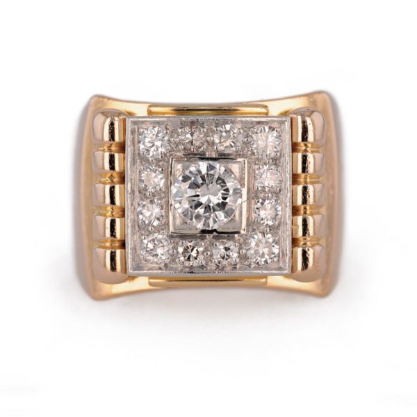 Bague Art Déco plateau carré diamants en or jaune et platine
