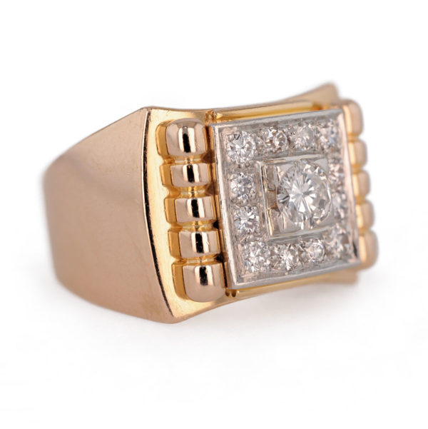 Bague Art Déco plateau carré diamants en or jaune et platine