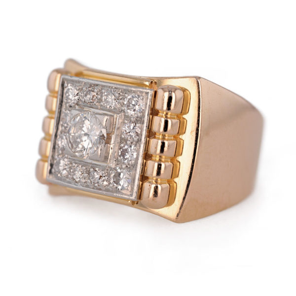 Bague Art Déco plateau carré diamants en or jaune et platine
