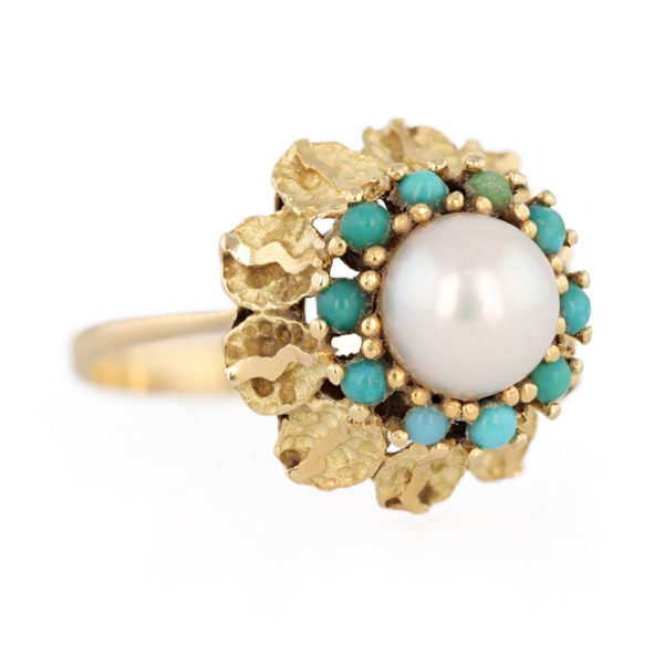 Bague vintage perle et turquoises en or jaune 18 carats