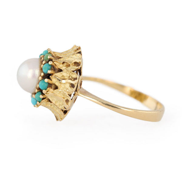 Bague vintage perle et turquoises en or jaune 18 carats