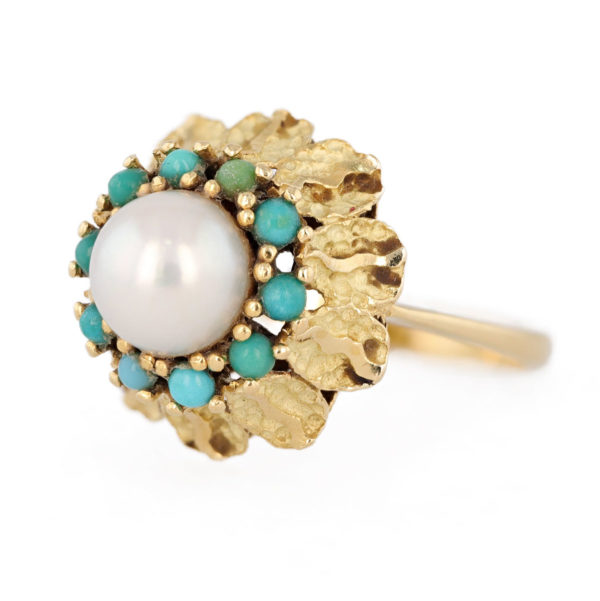 Bague vintage perle et turquoises en or jaune 18 carats