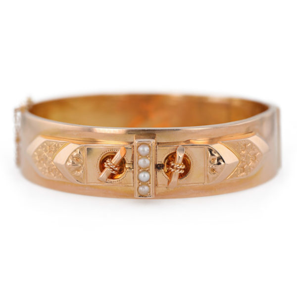 Bracelet jonc or ouvrant perles fines en or rose 18 carats