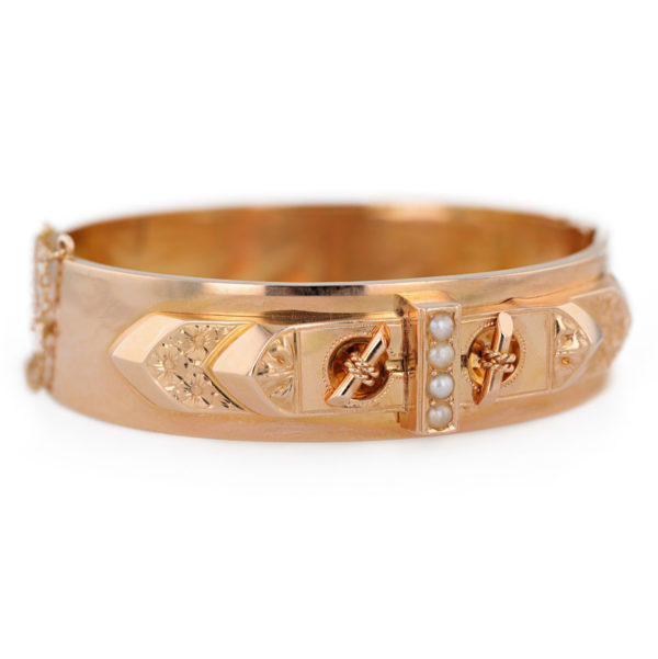 Bracelet jonc or ouvrant perles fines en or rose 18 carats