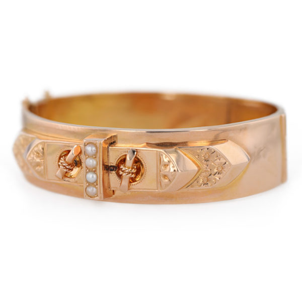 Bracelet jonc or ouvrant perles fines en or rose 18 carats