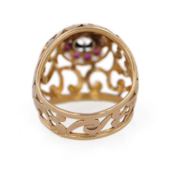 Bague jonc dentelle diamant et rubis en or jaune 18 carats