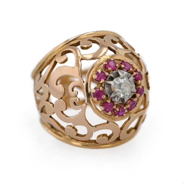 Bague jonc dentelle diamant et rubis en or jaune 18 carats