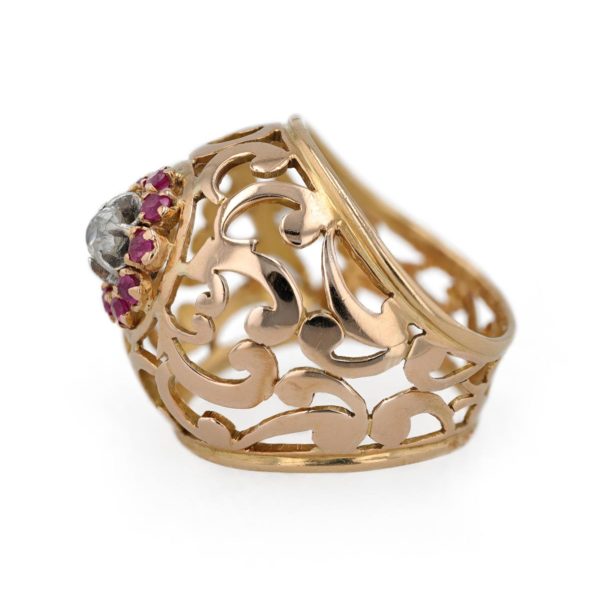 Bague jonc dentelle diamant et rubis en or jaune 18 carats