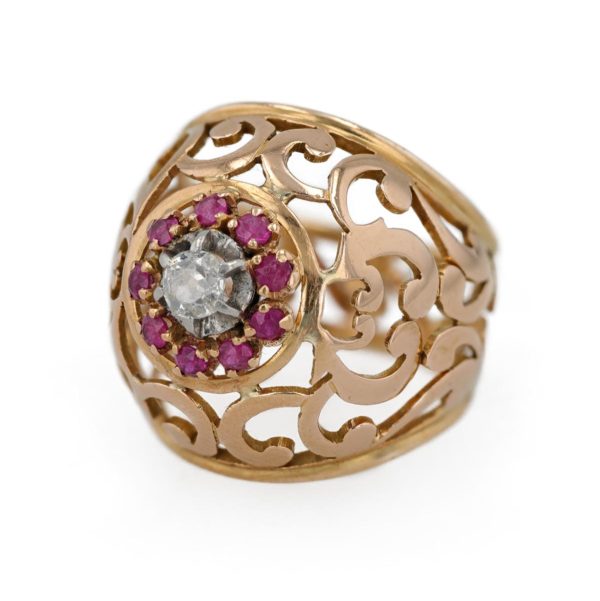 Bague jonc dentelle diamant et rubis en or jaune 18 carats