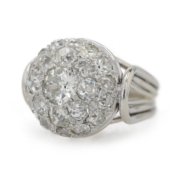 Bague Art Déco boule diamants taille ancienne en or blanc et platine