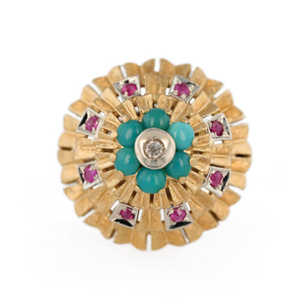 Bague turquoise rubis et diamants en or jaune 18 carats