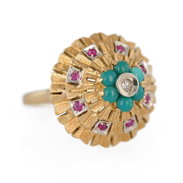 Bague turquoise rubis et diamants en or jaune 18 carats Bague turquoise rubis et diamants en or jaune 18 carats