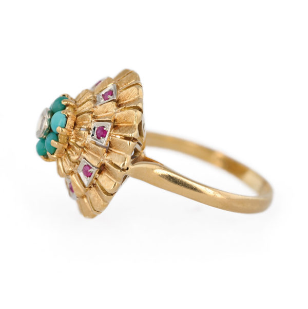 Bague turquoise rubis et diamants en or jaune 18 carats Bague turquoise rubis et diamants en or jaune 18 carats