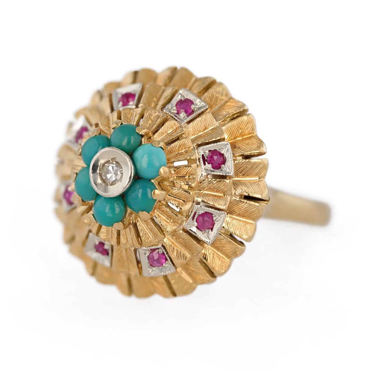 Bague turquoise rubis et diamants en or jaune 18 carats