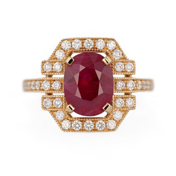 Bague rubis birman et diamants style Art déco en or jaune 18 carats