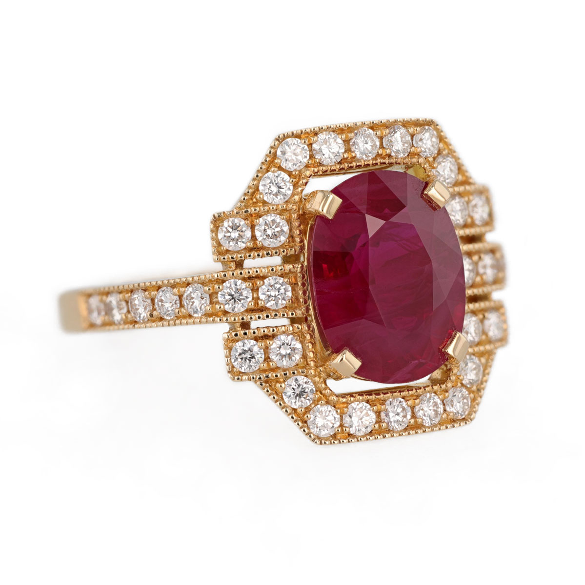 Bague rubis birman et diamants style Art déco en or jaune 18 carats