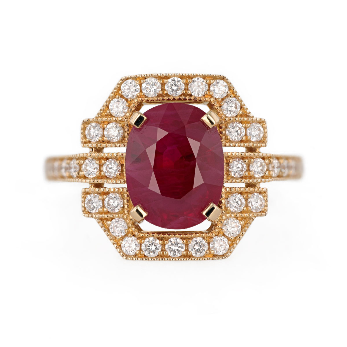 Bague rubis birman et diamants style Art déco en or jaune 18 carats